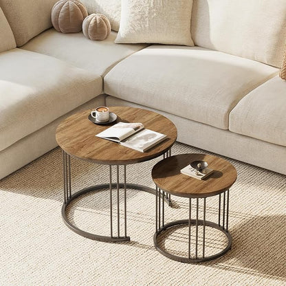 Garden 4 you Nesting Coffee Table, 23.6" Round Coffee Table Set of 2, Wooden Nesting Table with Metal Frame, Ceter Tables for Living Room Bedroom Balcony, Brown