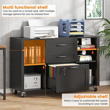 Semoic 3 Drawer Wood Lateral File Cabinet with Lock, Rolling Mobile Filing Cabinet with Open Storage Shelves, Printer Stand Office Storage Cabinet for Home Office Fits Files Legal/A4 Size, Black