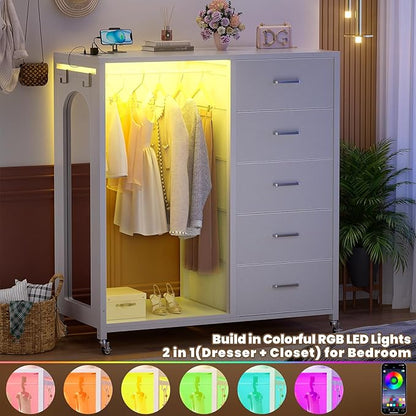 Cyclysio Dresser for Bedroom with Clothes Rack & Mirror, 5 Fabric Drawers Dresser with Charging Station & LED Lights, Rolling Chest of Drawers with Wheels, Full Length Mirror, Wooden Top, Closet
