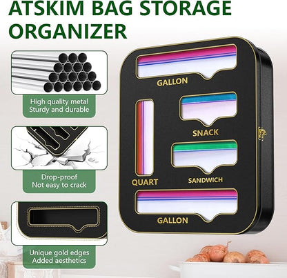 Metal Bag Storage Organizer Kitchen Drawer, Non-Marking Installation of Sandwich Bag Organizer, 5 in 1 Baggie Organizer for Drawer for Gallon, Quart, Snack(Black)