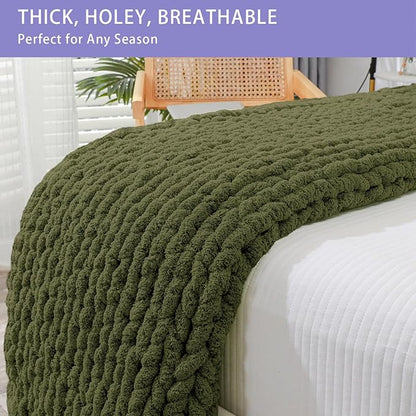Bigacogo Chunky Knit Throw Blanket for Couch, 40x60 inches, 100% Hand Knitted with Thick Jumbo Chenille Yarn, Cozy Soft Large Rope Knot Cable Crochet Blankets for Sofa Bed Living Room, Yellow Green
