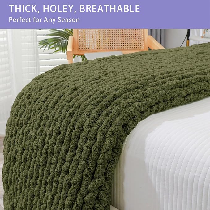 Bigacogo Chunky Knit Throw Blanket for Couch, 51x63 inches, 100% Hand Knitted with Thick Jumbo Chenille Yarn, Cozy Soft Large Rope Knot Cable Crochet Blankets for Sofa Bed Living Room, Yellow Green