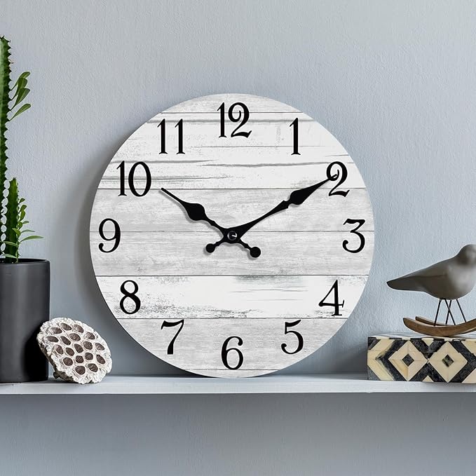 Wall Clock Battery Operated 12 Inch Gray Silent Non Ticking Country Rustic Design Vintage Retro Decorative for Bathroom Kitchen Bedroom