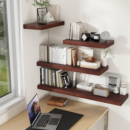 48" Solid Wood Floating Shelves, 9.3 Inch Deep Floating Shelves for Wall, Rustic Wooden Shelves for Wall Decor, Large Fireplace Mantel for Storage, Deep Floating shelf Set of 1, Red Brown