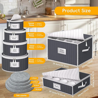 Fine China Storage Containers, 6 Piece Dish Storage Containers, Stackable Plate Storage, Coffee Mug Storage and Wine Glass Storage Box with Dividers, Quilted Dish Organizers, Grey