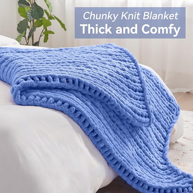 Negwoo Chunky Knit Throw Blanket, 30''*40'' Knitted Throw Chenille Yarn for Bed Couch, Handmade Light Blue Crochet Big Thick Blanket, Machine Washable Cute Comfy Blanket for Home Decor