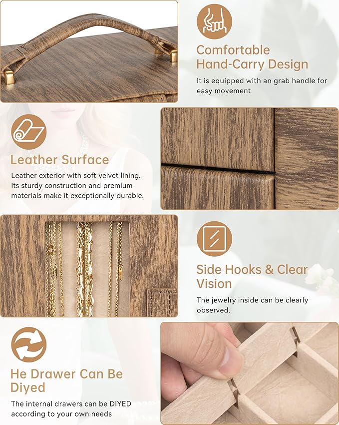 AKOZLIN 360° Rotating Jewelry Box 6-Tier Organizer Functional Jewelry Storage Case for Women Girls Ring Necklace Earring Bracelet Holder with Mirror Color Wood Grain
