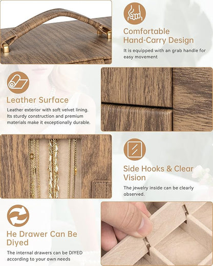 AKOZLIN 360° Rotating Jewelry Box 6-Tier Organizer Functional Jewelry Storage Case for Women Girls Ring Necklace Earring Bracelet Holder with Mirror Color Wood Grain