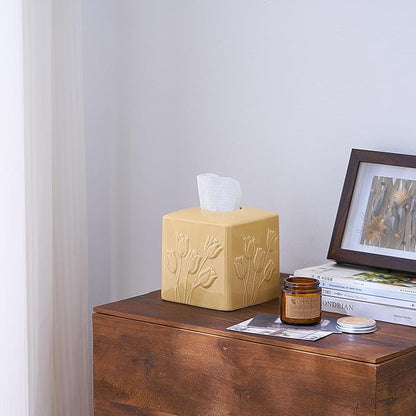 Beige Ceramic Tulips Tissue Box Cover - Modern Square Decorative Organizer for Facial Tissues, Farmhouse Style Home Decor for Bathroom, Bedroom, Living Room & Office