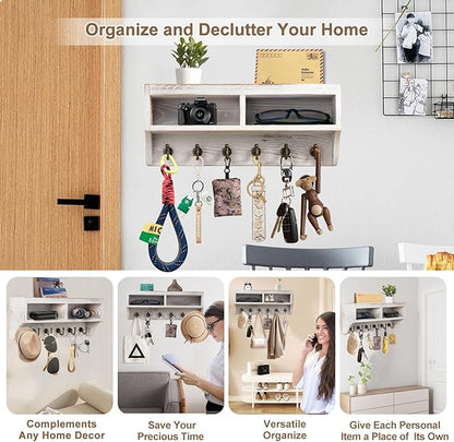 Key Holder Wall Mount - Mail Organizer Wall Mount with 6 Key Hooks and Storage Box for Sunglasses Storage and Dog Leash Holder Home Decor Rack Apartment Farmhouse Shelf Entryway Organizer (White)