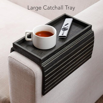 DETOR Sofa Arm Tray with Spacious 12.4" x 5.4" Storage Box, Ebony Bamboo Finish, Enhanced Non-Slip Felt Bottom, Sturdy Bamboo Slats, Fits Armrests 6" and Wider