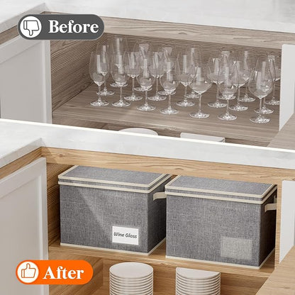 Lifewit 2 Pcs Wine Glass Storage Box with Dividers, Stackable Cationic Hard Shell Stemware Containers with 24 Cells, Foldable Dustproof China Containers for Moving, Light Grey, 37 x28x27cm