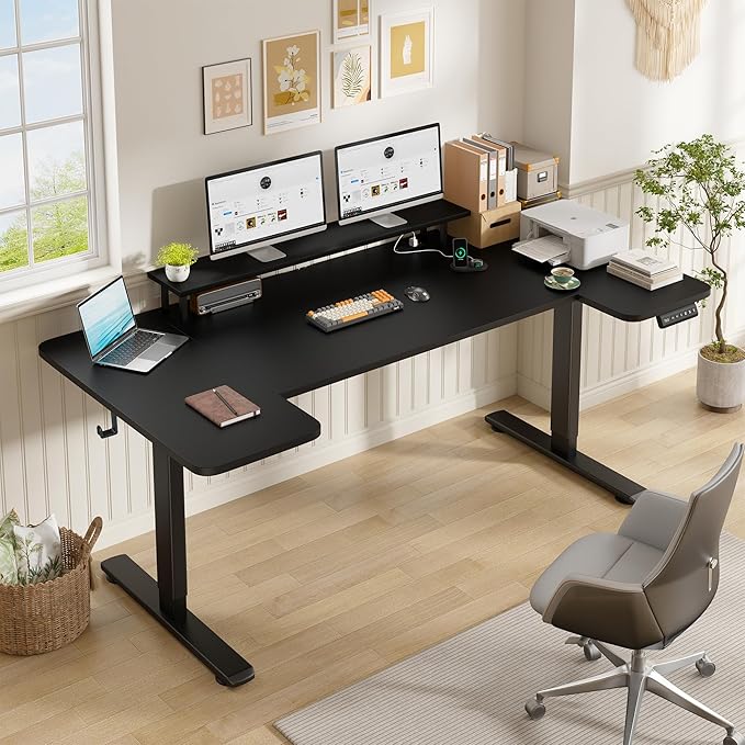 EnHomee 71 Inch Standing Desk Adjustable Electric with Monitor Stand, Computer Desk with Power Strip, Memory Height Home Office Desk for Home and Study Room, Black