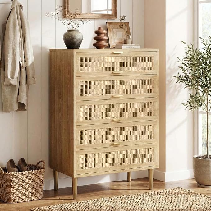 IDEALHOUSE Rattan 5 Drawer Dresser, 44''Tall Narrow Chest of Drawer, Farmhouse Wooden Vertical Dresser with Metal Legs and Handles, Modern Cabinet for Bedroom, Living Room, Oak