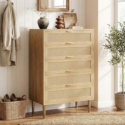 IDEALHOUSE Rattan 5 Drawer Dresser, 44''Tall Narrow Chest of Drawer, Farmhouse Wooden Vertical Dresser with Metal Legs and Handles, Modern Cabinet for Bedroom, Living Room, Oak