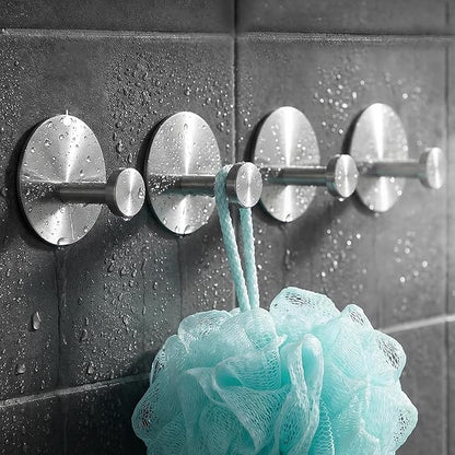 Towel Hooks for Bathroom (4 Pack) Adhesive Towel Hook Shower Hooks for Inside Shower - Sticky Bathroom Wall Hooks for Hanging Towels, Robe, Loofah, Bath Sponge (Style 2 - Silver)