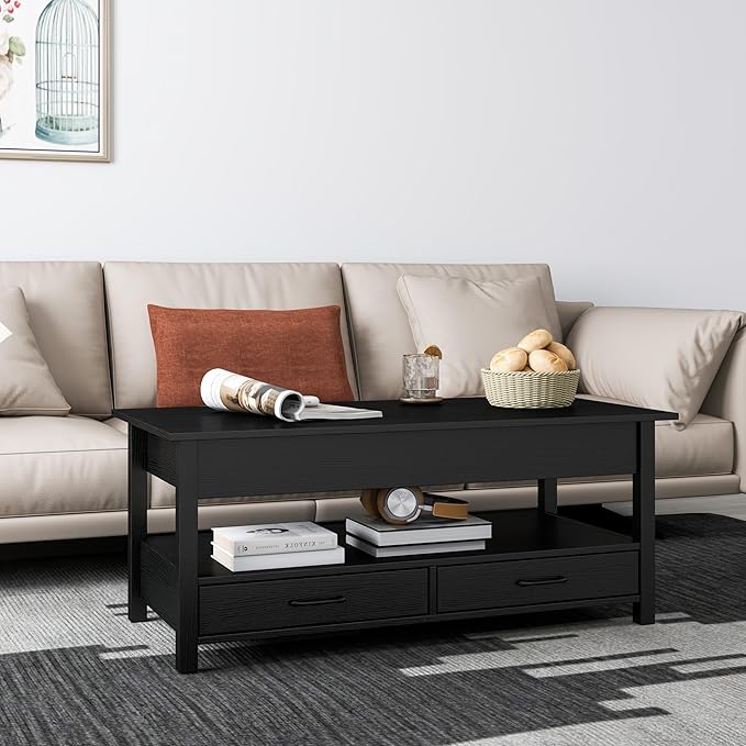 Panana Modern Coffee Table Lift Top Coffee Table with Drawers and Hidden Compartment, Tea Table with Wooden Lift Tabletop, for Living Room (Black)
