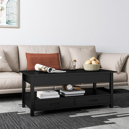 Panana Modern Coffee Table Lift Top Coffee Table with Drawers and Hidden Compartment, Tea Table with Wooden Lift Tabletop, for Living Room (Black)