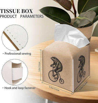 Grace Yonks Retro Tissue Box Cover Square - Frog on Penny-Farthing Design 5.2" PU Leather Holder for Vanity, Desk, or Bathroom Counter - Cube Case for Facial Tissues. (116)