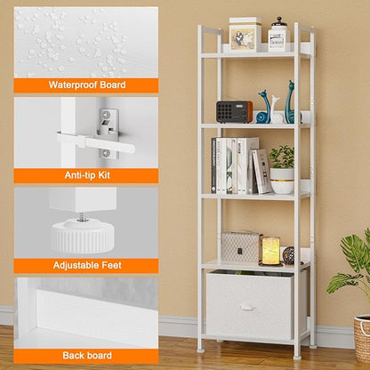 Furologee 5 Tier Bookshelf with Drawer, Tall Narrow Bookcase with Shelves, Wood and Metal Book Shelf Storage Organizer, Modern Display Standing Shelf Unit for Bedroom, Living Room, Office, White