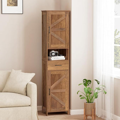 Homhedy 67" H Tall Bathroom Storage Cabinet with 2 Barn Doors and 1 Drawer, Narrow Storage Unit, Adjustable Shelves, Floor Cabinet for Bathroom, Living Room, Entryway, Kitchen, Rustic Walnut, (15.7"W)
