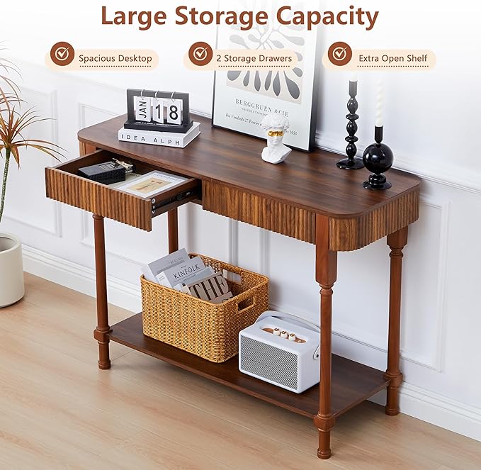 Fluted Console Table for Entryway, 43.3'' Narrow Entryway Tables with 2 Wooden Drawers, Retro Sofa Table Behind Couch Accent Tables for Foyer, Living Room, Hallway (Walnut)