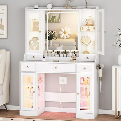 White Vanity Desk with Mirror and Lights, Makeup Vanity Table with Lighted Mirror, 5 Drawers & RGB Cabinet, Dressing Table Set with Charging Station for Girls Bedroom, 3 Lighting Modes