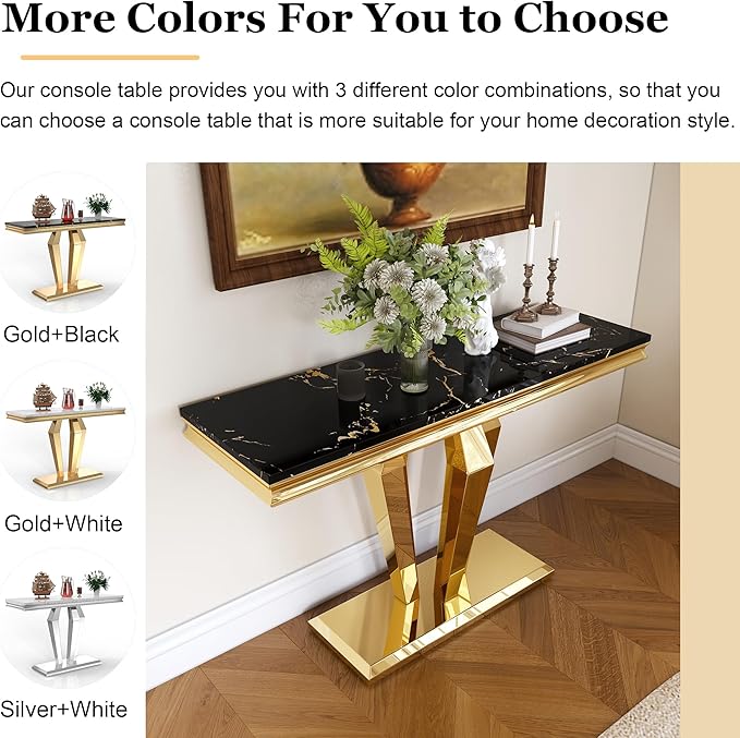 Living Room Coffee Table Set of 3, Modern Marble Coffee, End Side and Console Table, 3-Piece Living Room Table Set with Stainless Steel Base for Living Room (Gold,Black)