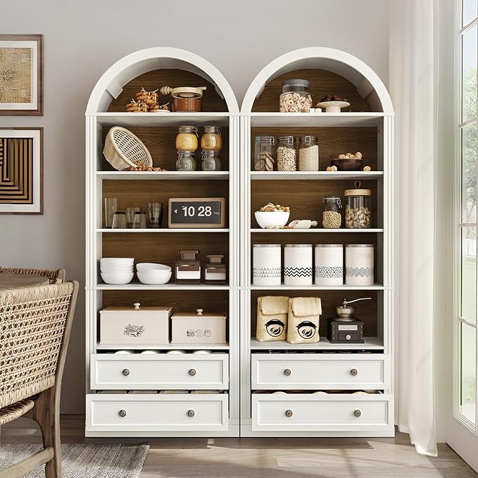 Farmhouse Arched Bookshelf Set of 2, 7 Tiers Arch Bookcase with 2 Spacious Drawers, Modern Book Shelf with Open Display Shelves and Storage Cabinet, for Office, Living Room, Walnut and White