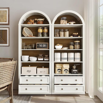 Farmhouse Arched Bookshelf Set of 2, 7 Tiers Arch Bookcase with 2 Spacious Drawers, Modern Book Shelf with Open Display Shelves and Storage Cabinet, for Office, Living Room, Walnut and White