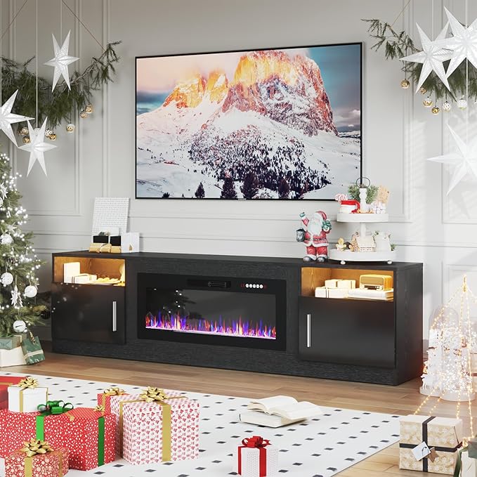 PRETZI Fireplace TV Stand with 36" Fireplace Up to 90" TVs, 80" Entertainment Center with LED Lights, Remote Control, TV Media Console with Storage Cabinets for Living Room, Black