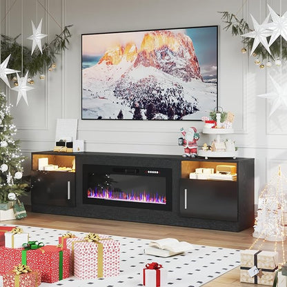 PRETZI Fireplace TV Stand with 36" Fireplace Up to 90" TVs, 80" Entertainment Center with LED Lights, Remote Control, TV Media Console with Storage Cabinets for Living Room, Black