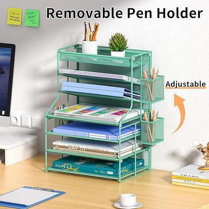 7 Tier Desk File Organizer,Metal Document Holder with Adjustable Shelves, Pull-Out Drawer & Removable Pen Holder for Office Organization,Green