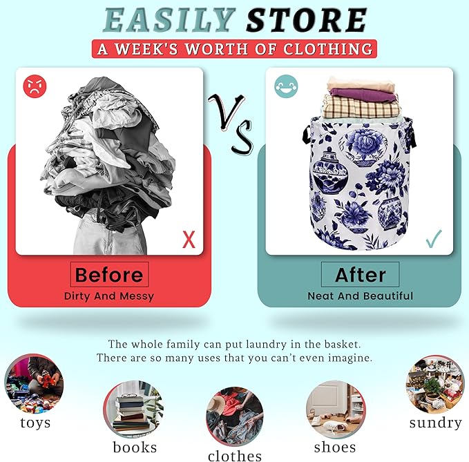 Blue White Floral Laundry Basket Foldable With Handles Vase Flower Tote Bag Oxford Cloth Color Laundry Hamper Clothes Storage Bucket Toy Organizer For Bathroom/Laundry/Bedroom 18.9"x16.5 "