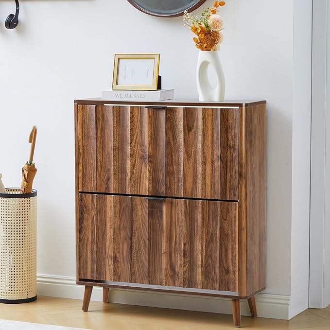 31.5” Fluted Shoe Cabinet Storage with 2 Flip Drawers,Narrow Freestanding Shoe Storage Organizer,Slim Shoe Rack Cabinet for Entryway,Hallway (Walnut)