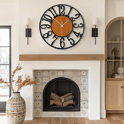 Maxstar Round Wall Clock for Living Room Decor Battery Operated Non Ticking Black Metal Wood Clocks for Home Living Room Garden Office Kitchen Decoration -16 inch
