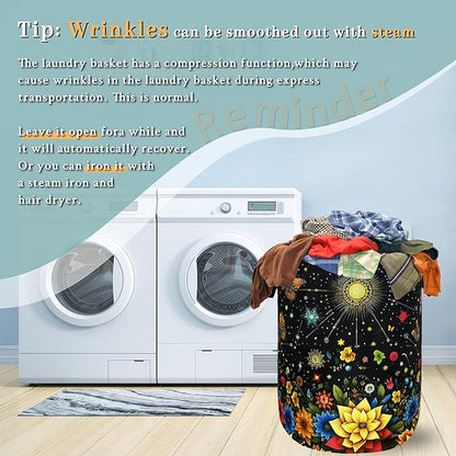 Colorful Flowers Butterfly Laundry Basket Moon Floral Laundry Hamper Foldable Oxford Cloth Beautiful Flower Tote Bag Clothes Toy Storage Bucket For Bathroom/Laundry Storage/Bedroom 18.9 x 16.5 Inch
