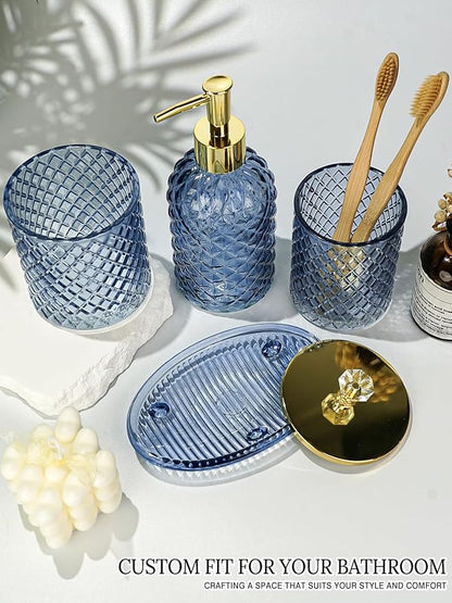 Blue Bathroom Accessories Set, 4Pcs Glass Bathroom Accessory Set Complete w/Lotion Soap Dispenser, Toothbrush Holder, Qtip Holder, Soap Dish, Gold Bathroom Decor Sets, Gift for Home Apartment