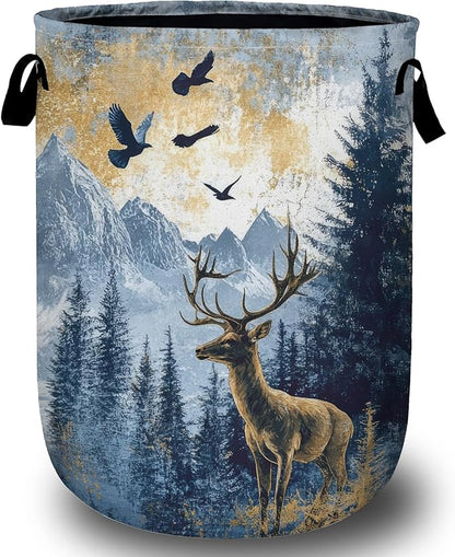 Misty Forest Deer Laundry Basket, Foldable Waterproof Laundry Hamper Tote Bag Dirty Clothes Storage Bucket Toy Organizer for Bathroom/Laundry/Bedroom 15.7"x19.6"