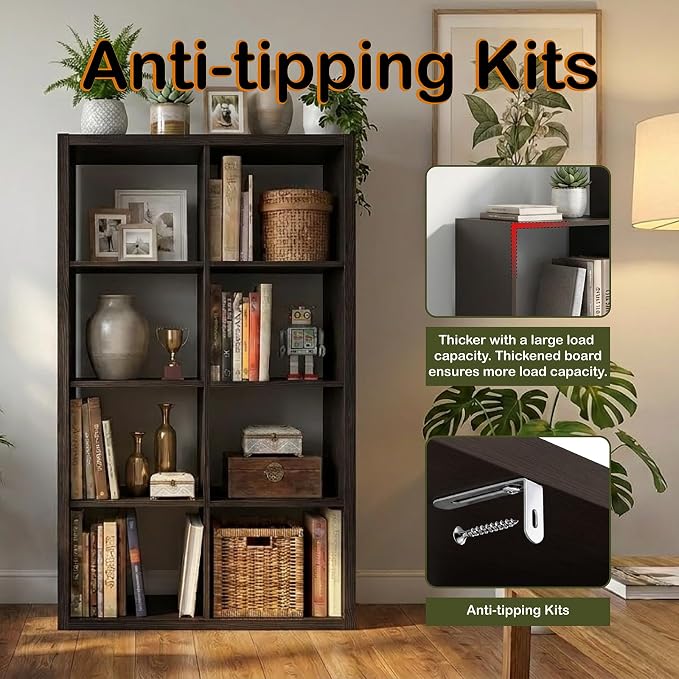 WannabeMyself【2026 Wooden Thick Frame】 8 Cube Storage Organizer with Anti-Tipping Kits, Reversible Open Back Book Shelf,Bookcase for Living Room,Bedroom,Entrance Hall,Office,11.6×48×24.6,Chocolate