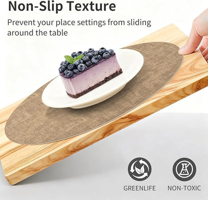 Maxpearl Round Placemats Set of 6, 13.8 inch Faux Leather Heat Resistant Table Mats, Non Slip Waterproof Wipeable Place Mats for Kitchen Dining Holiday Party Table Settings, Brown