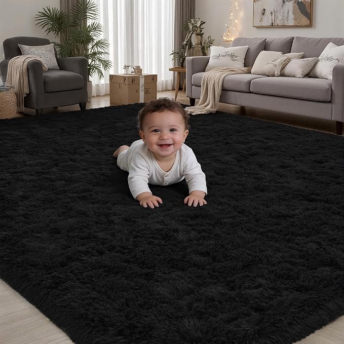 Area Rug for Living Room Bedroom: 5x7 Black Soft Fluffy Shag Upgrade Non-Slip High Pile Carpet Large Fuzzy Plush Indoor Floor Decor Shaggy Rug for Kid Boys Girls Dorms Playroom Nursery Modern Home