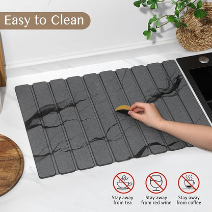 Large Stone Dish Drying Mat for Kitchen Counter, Thin & Light Quick Dry Stone Dishes Mats, Foldable Water Absorbing Diatomite Drying Pad for Kitchen Bathroom Sink Countertop (Gray Ink 24"×16" & 8"x4")