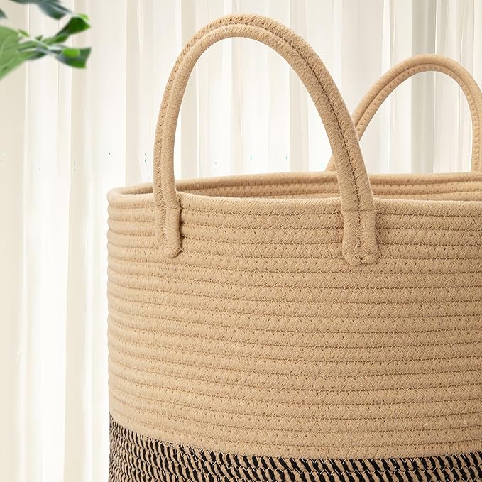 Eblog 58L Cotton Rope Laundry Basket (20"x15"),Woven Basket for Storage Dirty Clothes Basket for Laundry, Living Room, Nursery, Bedroom Rope Storage Basket for Blankets（Brown/Stitches）
