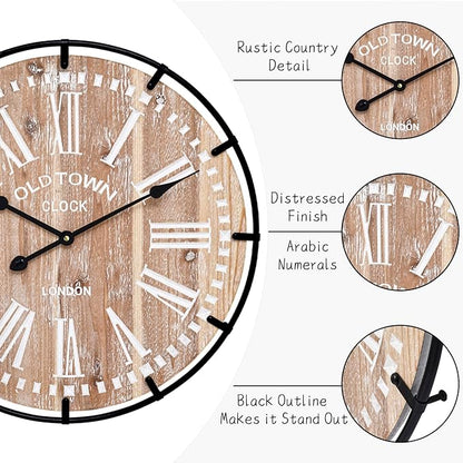 MODE HOME Large Farmhouse Wall Clock, 24 Inch Rustic Wooden Wall Clock Decorative with Metal Circle and Engraved Numerals, Silent Battery Operated for Kitchen Bedroom Living Room Fireplace Mantel