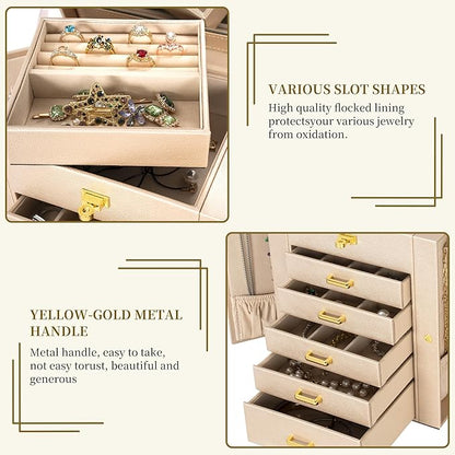 AKOZLIN 6-Tier Jewelry Box Organizer Functional Leather Jewelry Storage Case for Women Girls Ring Necklace Earring Bracelet Holder Organizer with Mirror