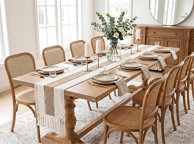 FEXIA Boho Table Runner for Summer Home Decor with Tassels 108 Inches Farmhouse Long Pottery barn Furniture Rustic Macrame Burlap Centerpieces for Tables Decoration for Living Room (12x108 Inches)