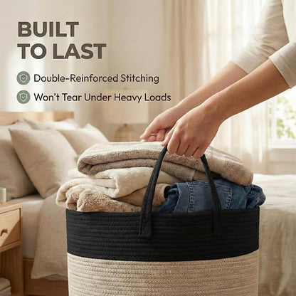 JMvicyroam 115L Extra Large Blanket Basket for Living Room - Woven Cotton Rope Laundry Hamper with Reinforced Handles - Storage Bin for Pillows, Comforters & Toys - Machine Washable,Black&Jute