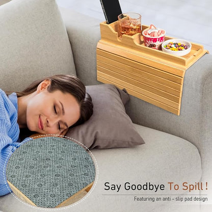 Yoshiky Bamboo Couch Armrest Table, Couch Arm Tray with Removable Couch Cup Holder, 2 in 1 Design Foldable Anti-Slip Bamboo Couch Tray and Sofa Cup Holder for Drink