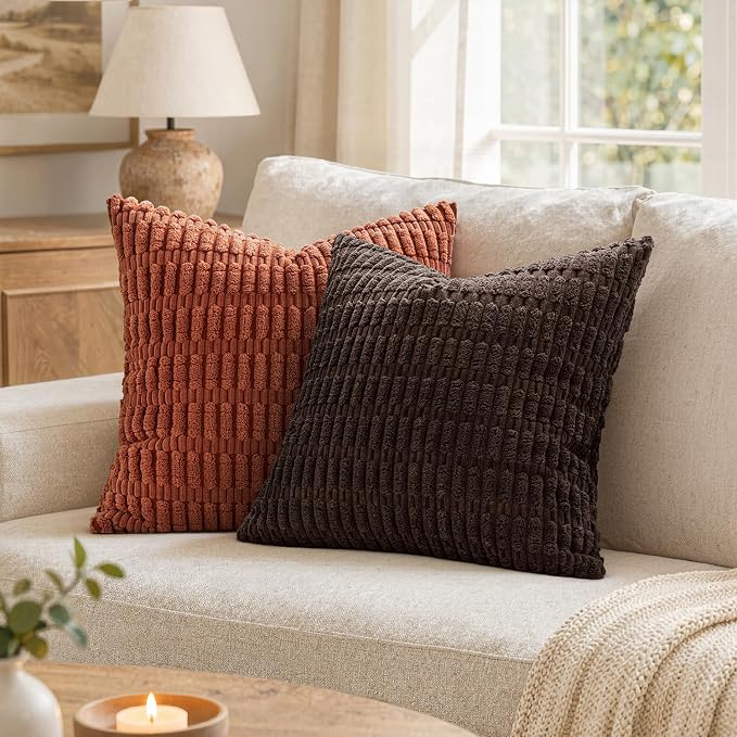 MIULEE Pack of 2 Corduroy Decorative Throw Pillow Covers 20x20 Inch Soft Boho Striped Pillow Covers Modern Farmhouse Home Decor for Sofa Living Room Couch Bed Dark Brown